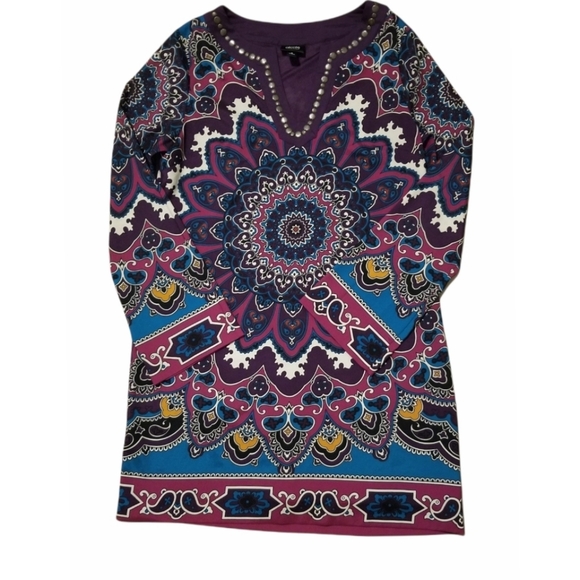 Nicloe Miller Geometric Paisley Purple tunic Shift dress Wrinkle free size 10 - Picture 5 of 12